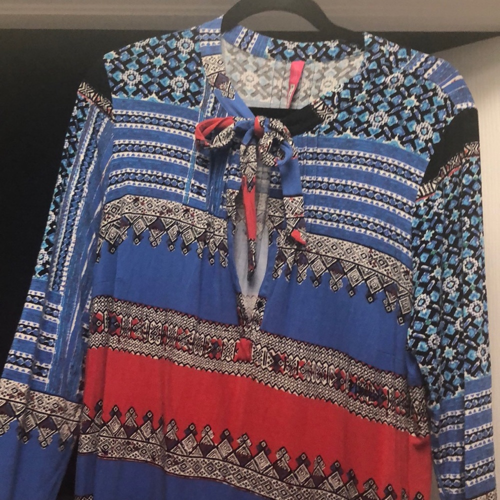 Blue, Red and White Patterned Blouse